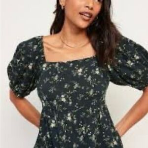 Old Navy Dark Green Puff-Sleeve Smocked Floral-Print Swing Blouse Size Small